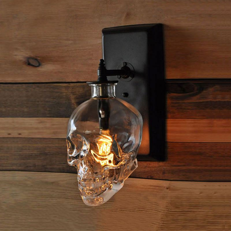 Clear Glass Skull Shaped Wall Sconce Modern 1 Light Living Room Lighting Fixture in Black