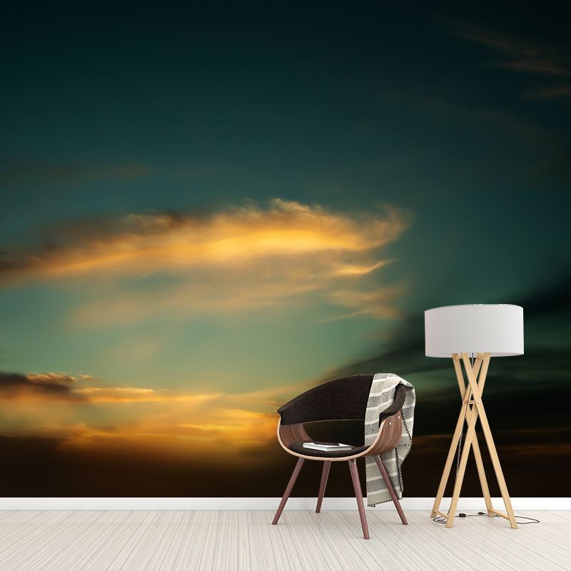 Contemporary Feather-Like Cloud Mural Green-Yellow Living Room Wall Art, Custom Made