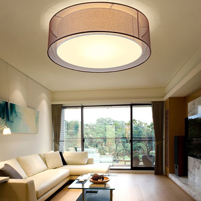 Brown Cylindrical Ceiling Light in Traditional Classic Style Wrought Iron Indoor Flush Mount with Flax Fabric Shade
