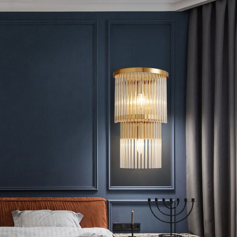 Lámpara de matorral de cristal de 2 niveles moderna luz dorada de 2 luces luz montada en la pared para dormitorio