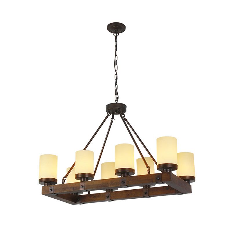 Lampada isola del cilindro in vetro bianco Vintage 6/8 Luci soggiorno Luce a soffitto con base in legno