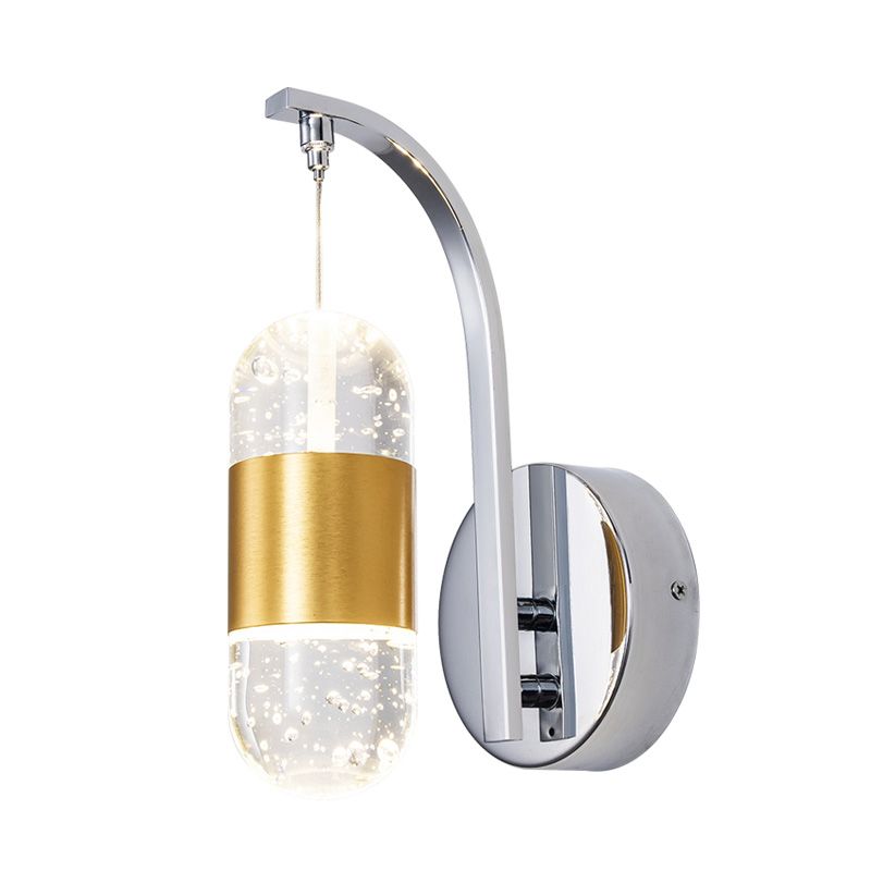 LED Metal Wall Sconce Traditionalist Gold Swooping Arm Bedroom Wall Mounted Light with Bubble Crystal Shade