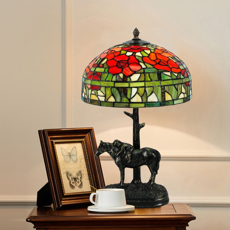 1 tavolo da testa lampada da comtore in resina antico cavallo antico con tonalità in vetro a cupola in bronzo