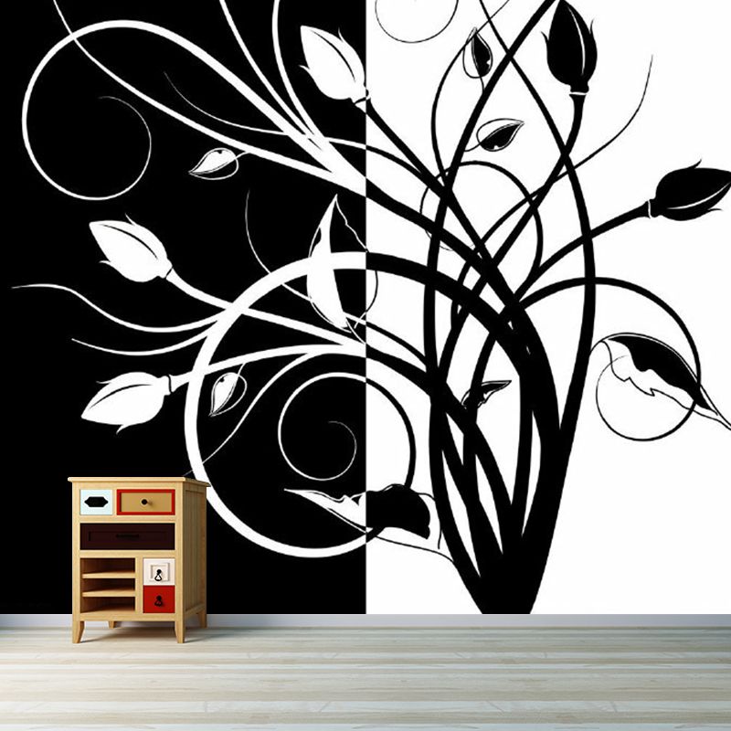 Swirled Flower Buds Mural Wallpaper Black-White Minimalistic Wall Art for Bedroom