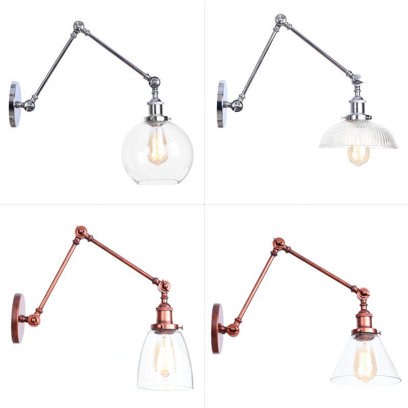 1 Head Swing Arm Wall Light Industrial Conical/Global/Bell Clear Glass Wall Mount Reading Lamp in Chrome/Rust