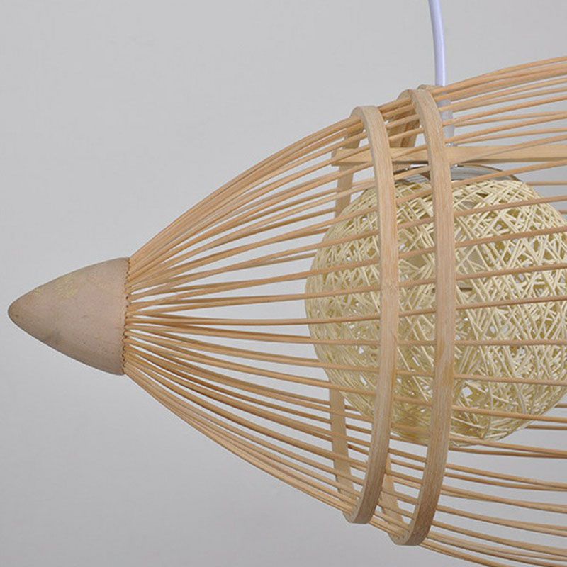 Wood Fish Chandelier Light Simplicity 2 Bulbs Bamboo Pendant Light Fixture for Restaurant