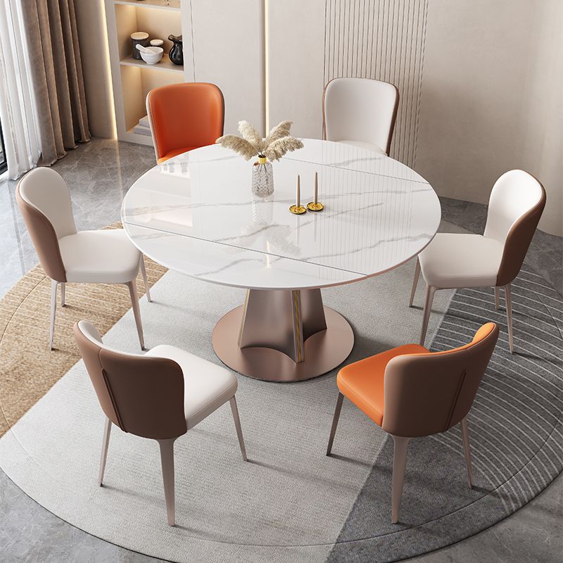 Modern White Round Extendable Dining Table with Metal Pedestal Base