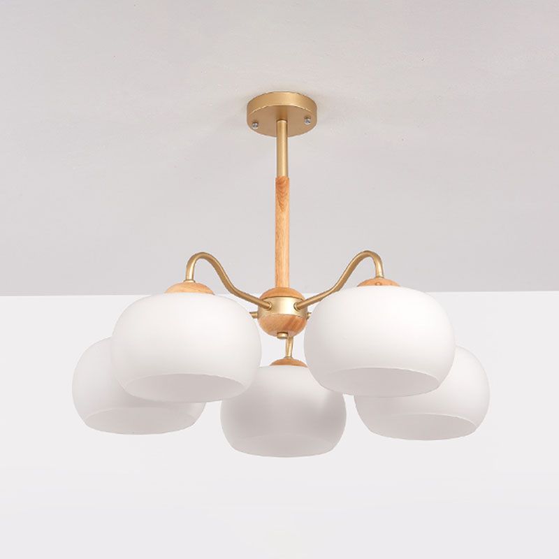 Solid Wood Domed Chandelier Lighting Nordic Hanging Light with White Glass Shade
