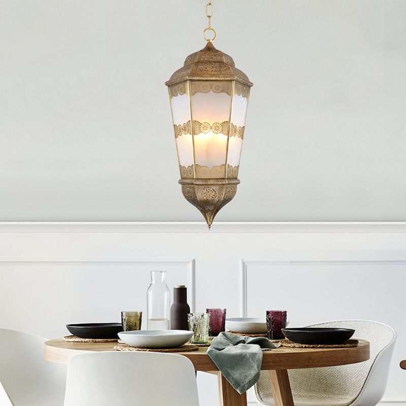 Metal Lantern Chandelier Southeast Asia 3 Bulbs Restaurant Pendant in Brass with Frosted Glass Shade