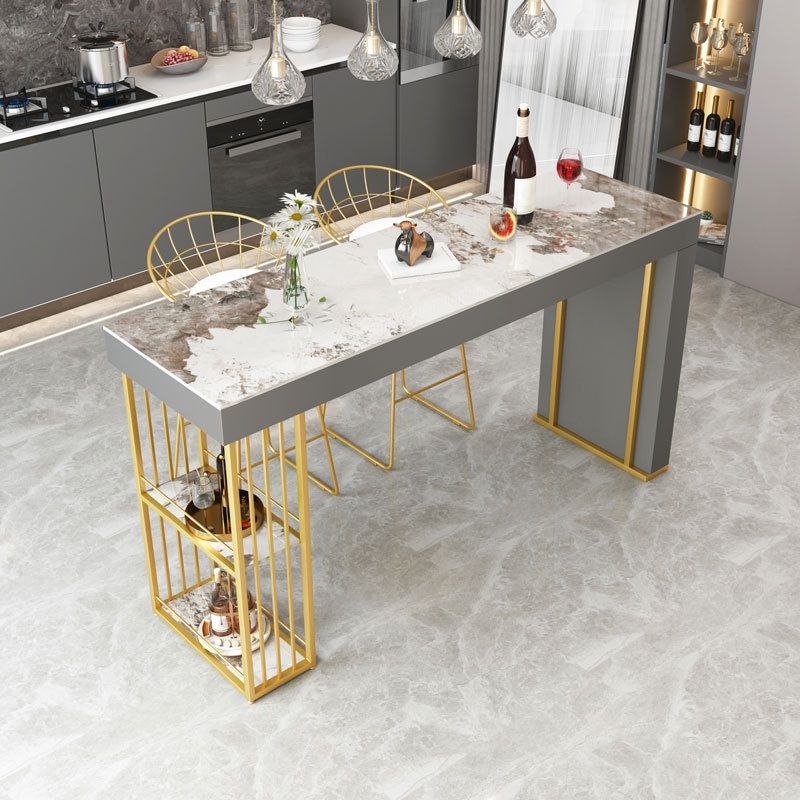 Rectangle Gold Marble and Wood Bar Living Room Pub Table with Double Pedestal