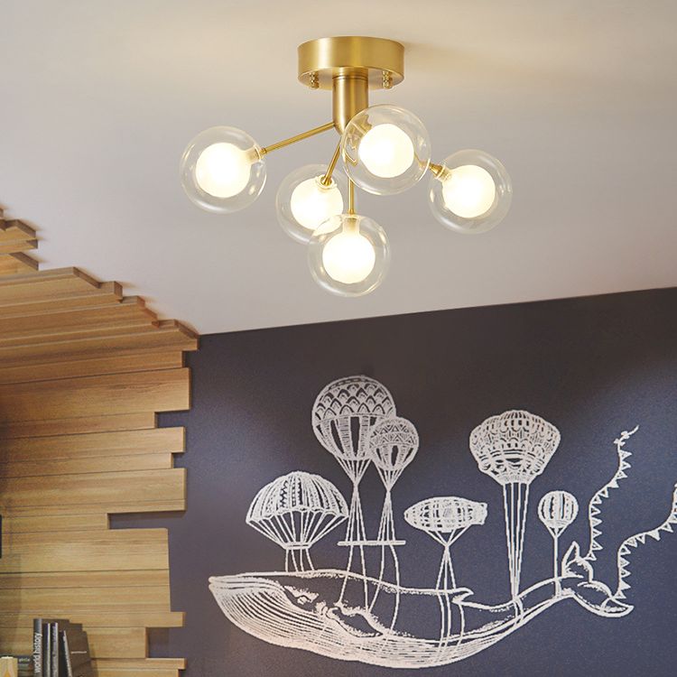 Ball Semi Flush Mount Chandelier Modern Clear and Frosted Glass 5-Light Corridor Ceiling Light