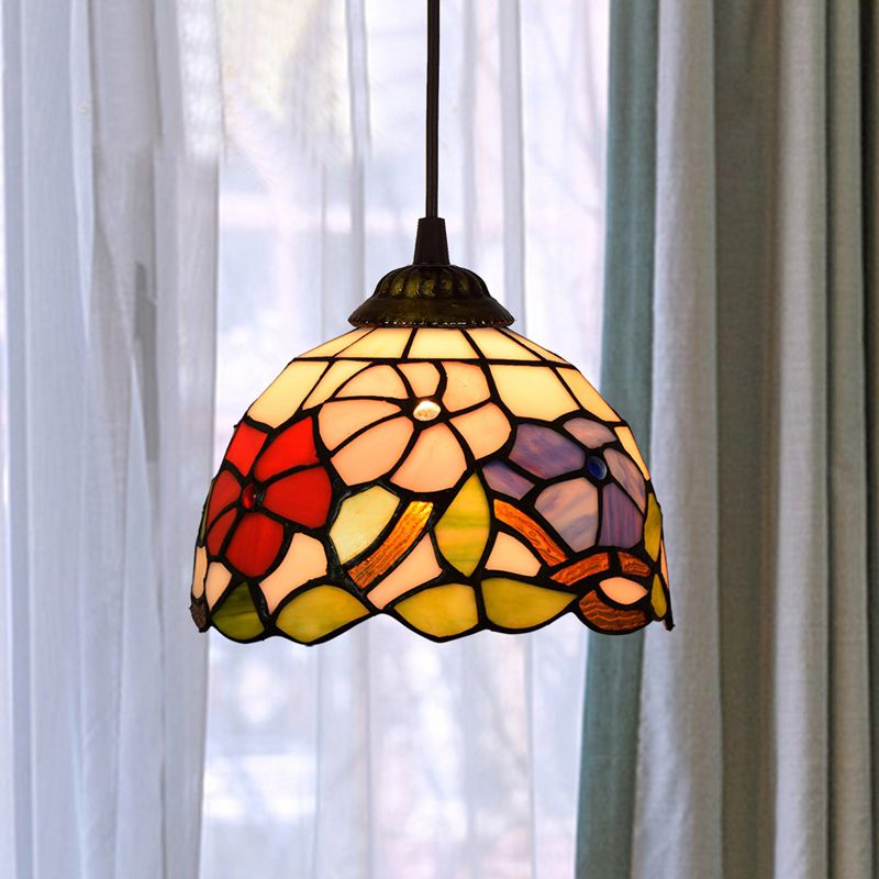 Shaded Pendant Light 1 Bulb Stained Art Glass Tiffany Suspension Light Fixture for Corridor