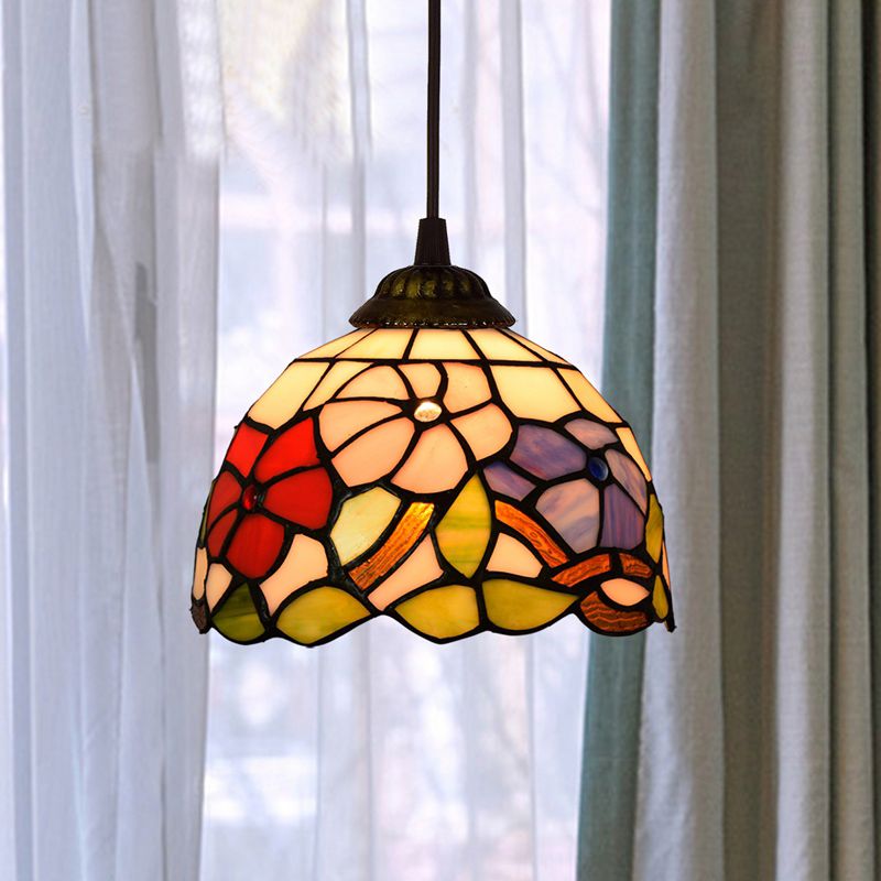 Shaded Pendant Light 1 Bulb Stained Art Glass Tiffany Suspension Light Fixture for Corridor