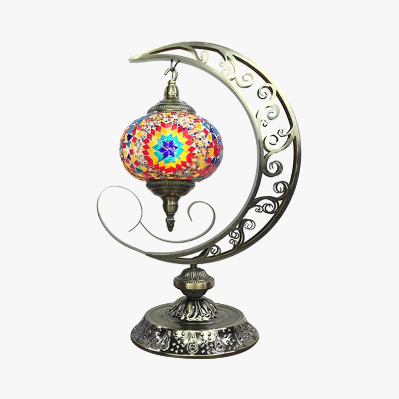 Global Bedroom Nightstand Lamp Decorative Stained Glass 1 Light White/Red/Pink Desk Light with Moon Design
