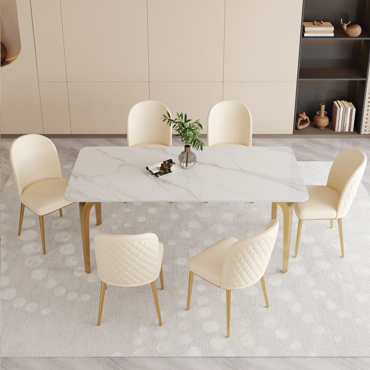 Glam Style Dinner Table Rectangle Stone Dining Room Table in White