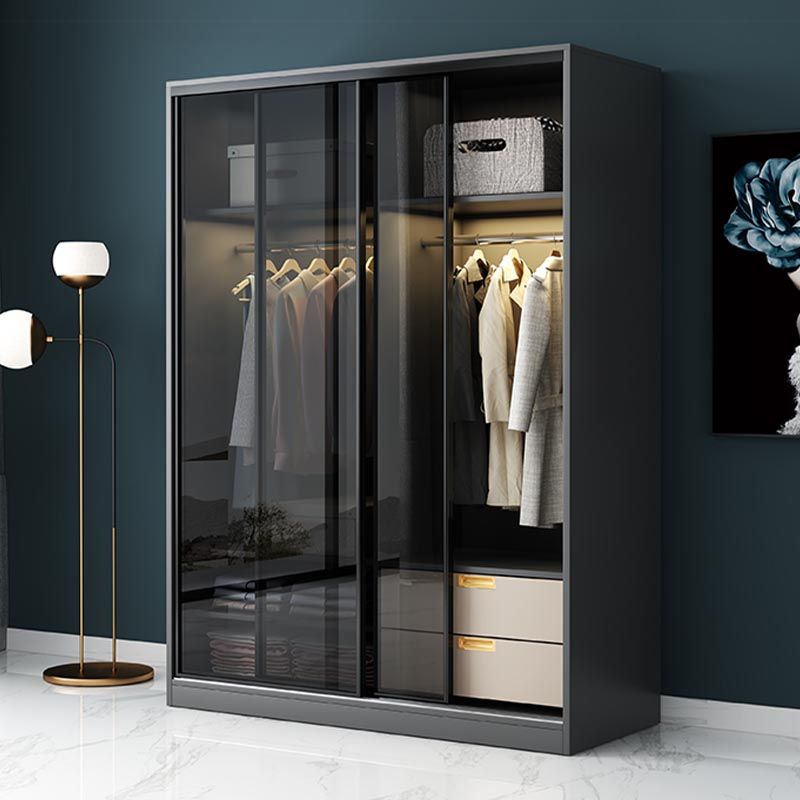 Black Wardrobe for Home Modern Style Cabinet with Glass Doors