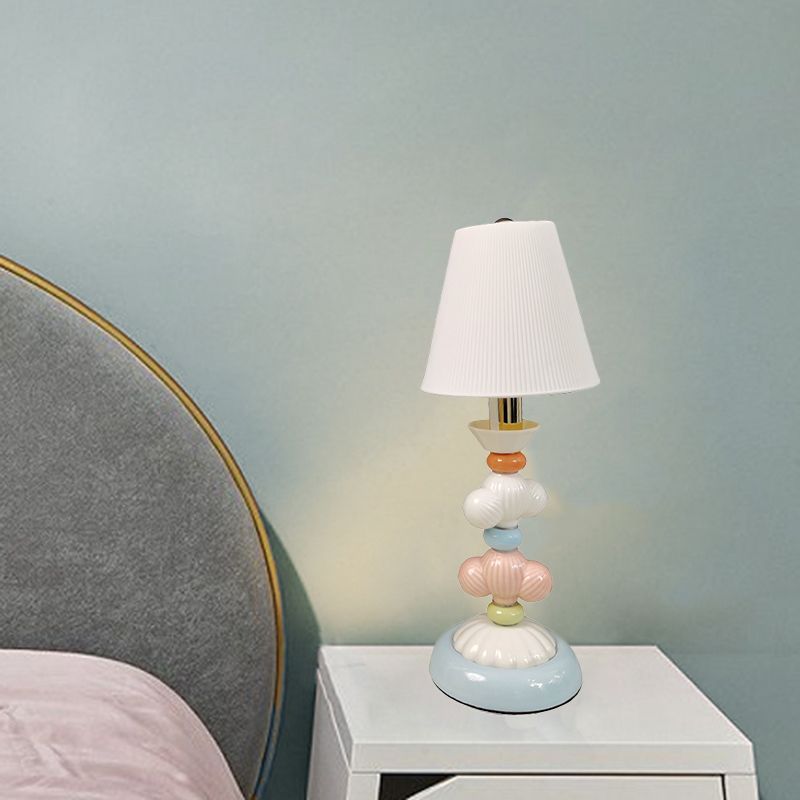 Fabric Conical Reading Book Light Kids 1-Light Table Lamp with Round Ceramic Base in White