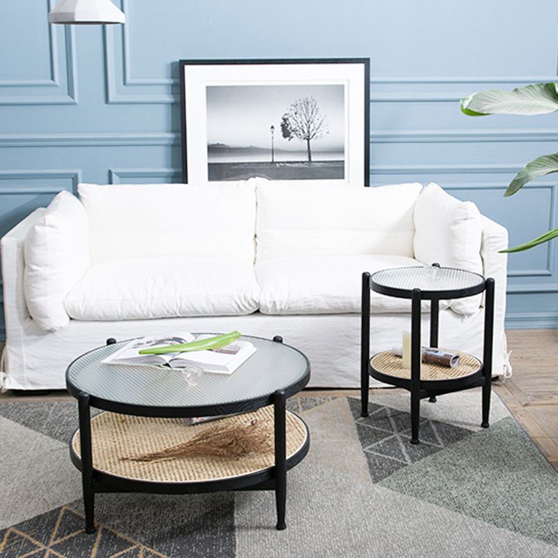 Tropical Coffee Table Glass Top Round Coffee Cocktail Table with Storage