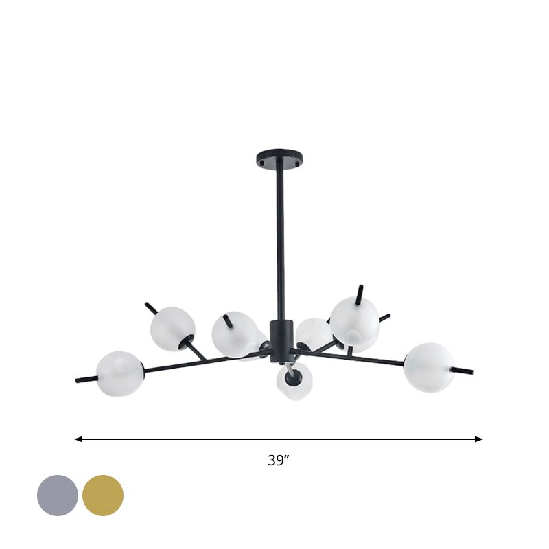 Frosted Glass Ball Ceiling Chandelier 9 Lights Pendant Lamp in Black/Gold