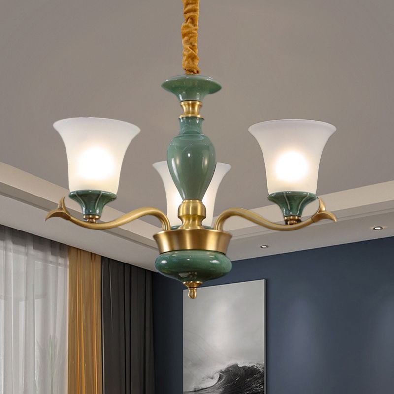 3/6 Bulbs Frosted Glass Suspension Lighting Countryside Green Bell Shaped Guest Room Chandelier
