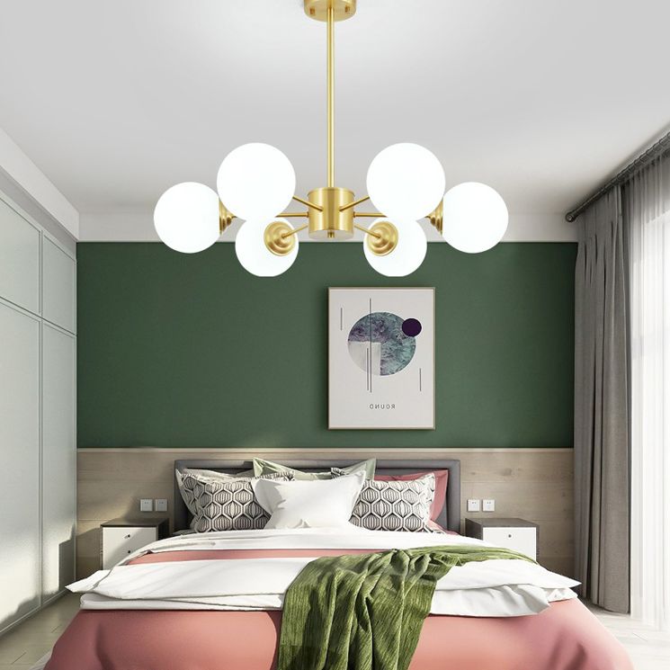 Post-Modern Metal Hanging Chandelier Light Opal Glass Shade  Ceiling Chandelier in Gold for Living Room