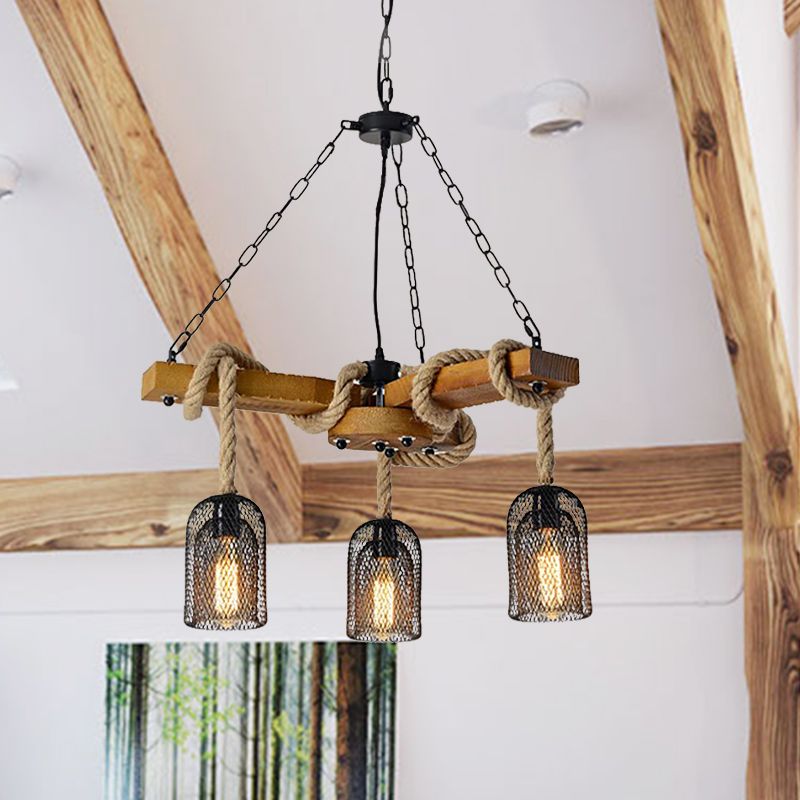 Wire Mesh Restaurant Ceiling Fixture Wood and Rope 3/6 Lights Lodge Stylish Pendant Lighting with Base in Brown