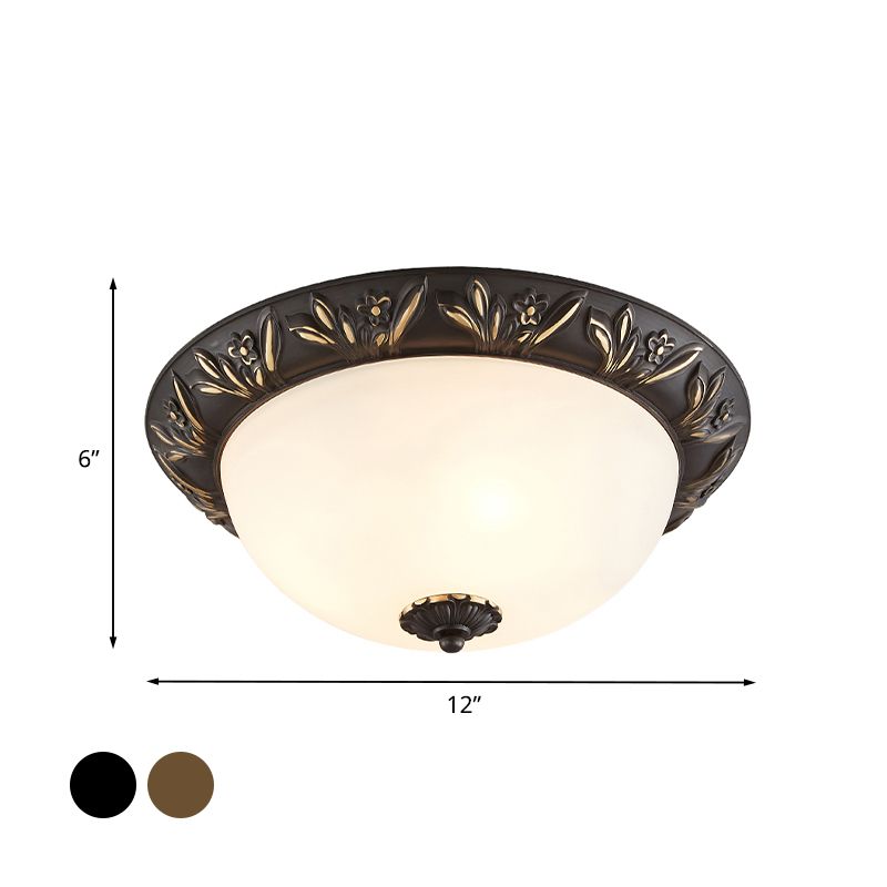 2/3 Bulbs Flush Mount Traditional Cloche Ivory Glass Ceiling Lamp with Sculpted Flower Trim in Black/Brass