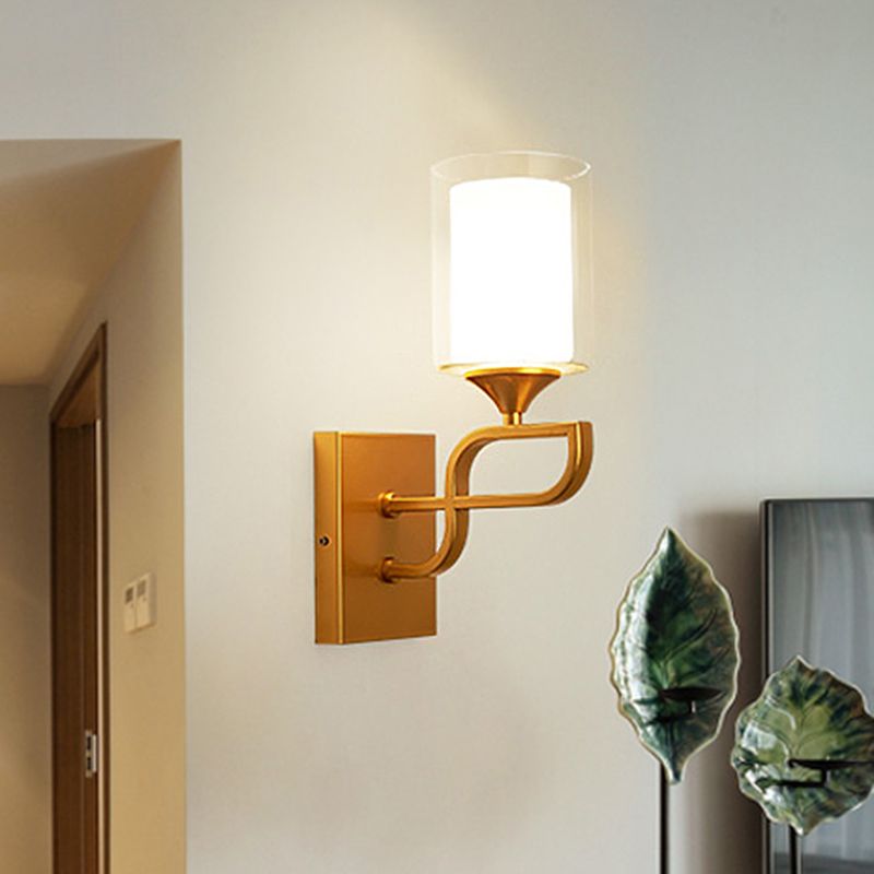 Armed Sconce Light Contemporary Metal 1 Bulb Gold Wall Lighting Fixture with Opal Glass Shade