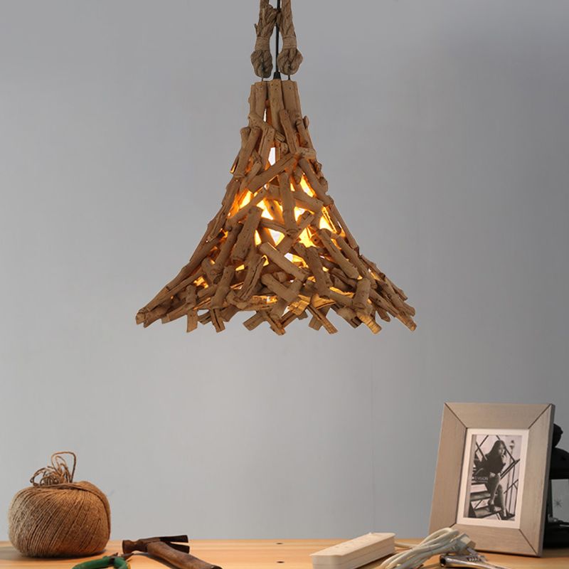 Houten sticks wijd uitlopende hangende licht rustieke 1 lichte suspensie hanger in beige voor binnen