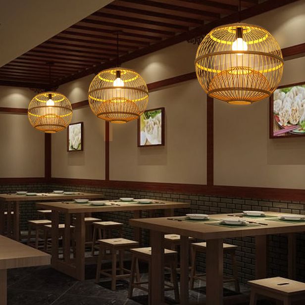 1 Light Round Ceiling Light Chinese Simple Bamboo Ceiling Fixture for Restaurant