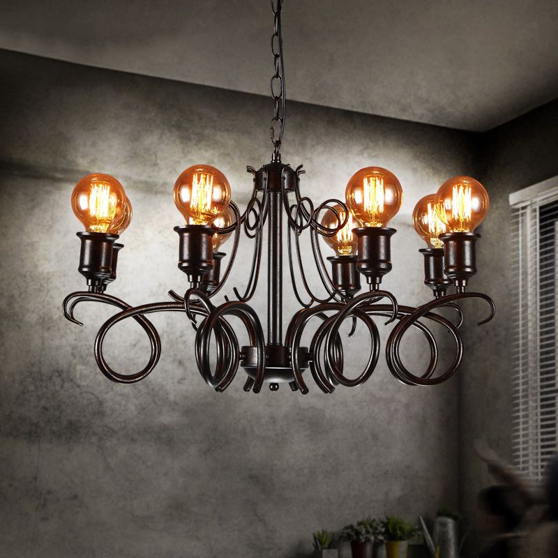 Metal Black Hanging Chandelier Swirled Arm 8-Bulb Traditional Suspension Light for Living Room