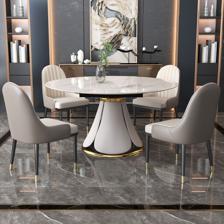 Contemporary Style Sintered Stone Dining Table with Built-in Storage Layer and Pedestal Base
