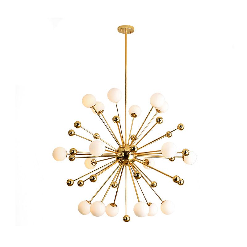 Designer Starburst Metal Chandelier Multi Lights Gold Ceiling Pendant Lamp with White Glass Ball Shade, 23.5"/31.5"/39" Wide