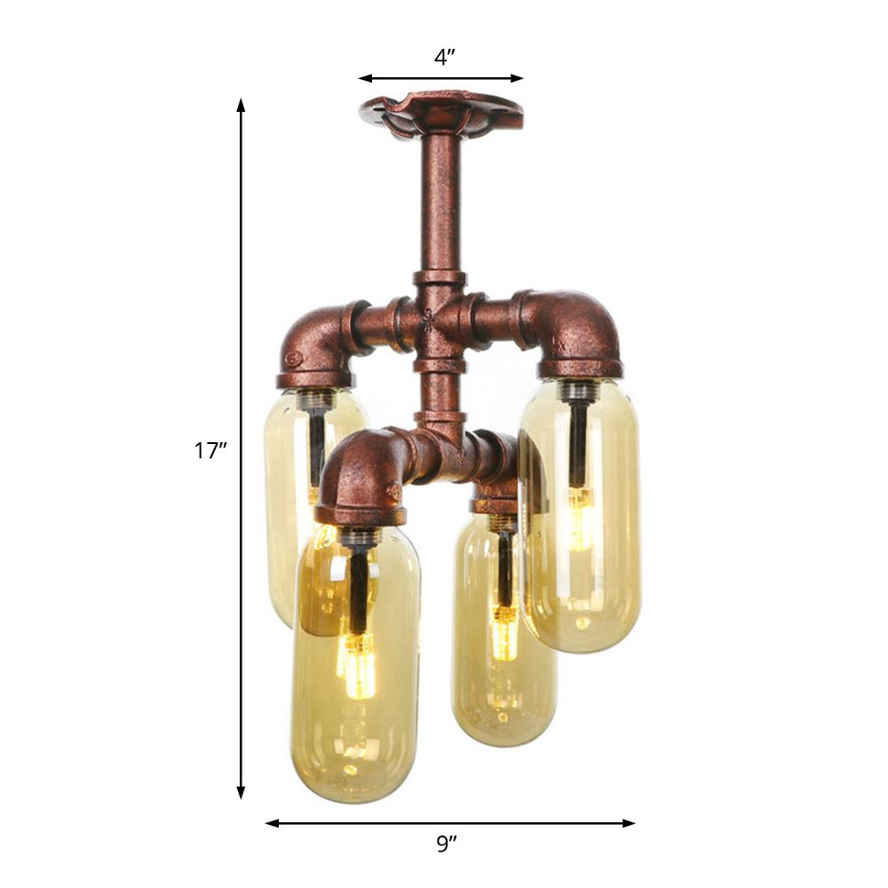 Antique Copper 4/6 Lights Ceiling Mount Rustic Style Amber Glass Sputnik Semi Flush Light