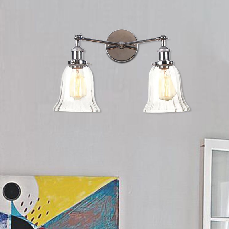 2 Lights Indoor Wall Lighting Industrial Style Black/Chrome/Bronze Sconce with Bell Clear Glass Shade