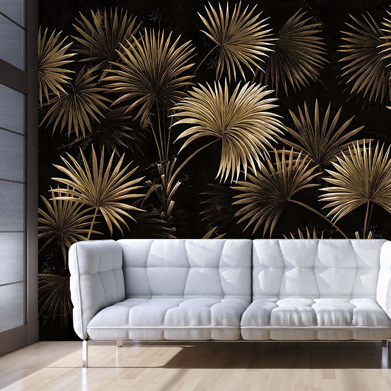 Tropical Plant Fern Leaves Mural Gold and Black Waterproof Wall Decor for Living Room