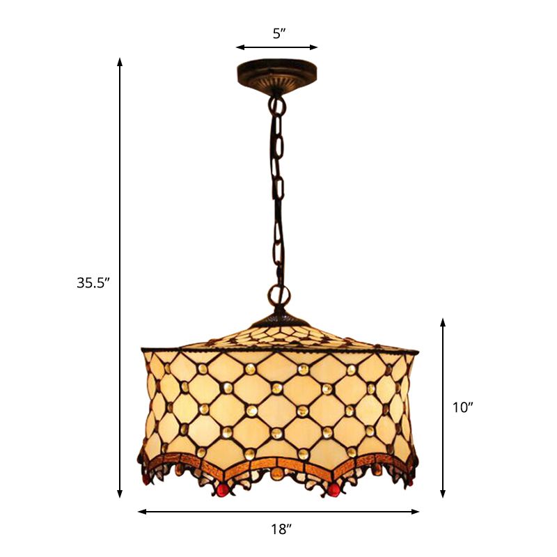 Beige Jeweled Ceiling Lamp Tiffany Stylish 3 Heads Stainless Glass Pendant Lighting with Drum Shade