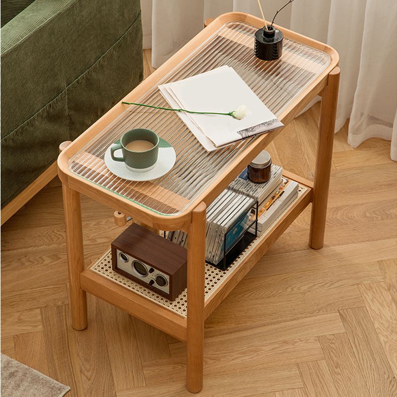 Living Room Corner Table Double Tier Rectangular Solid Wood with Shelf End Table