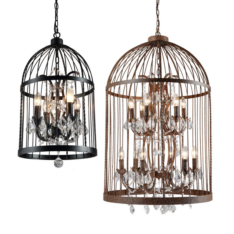 Farm Style Birdcage Chandelier Lamp Metal Pendant Light with Clear Crystal Drapes