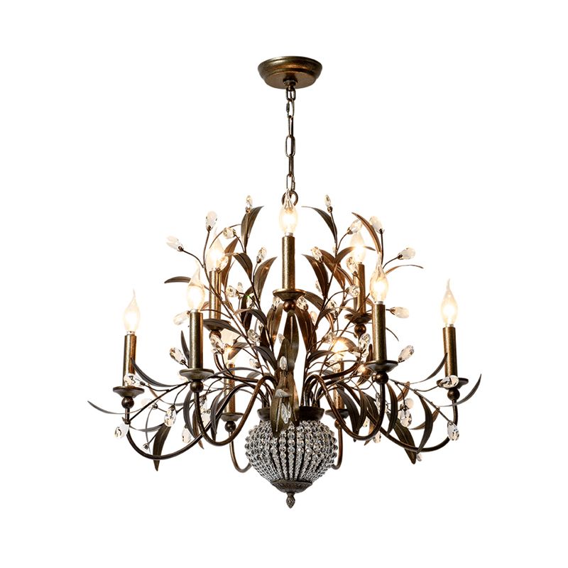 Black Spur Chandelier Lamp Modernism Crystal 9 Heads Pendant Lighting Fixture with Metal Leaf