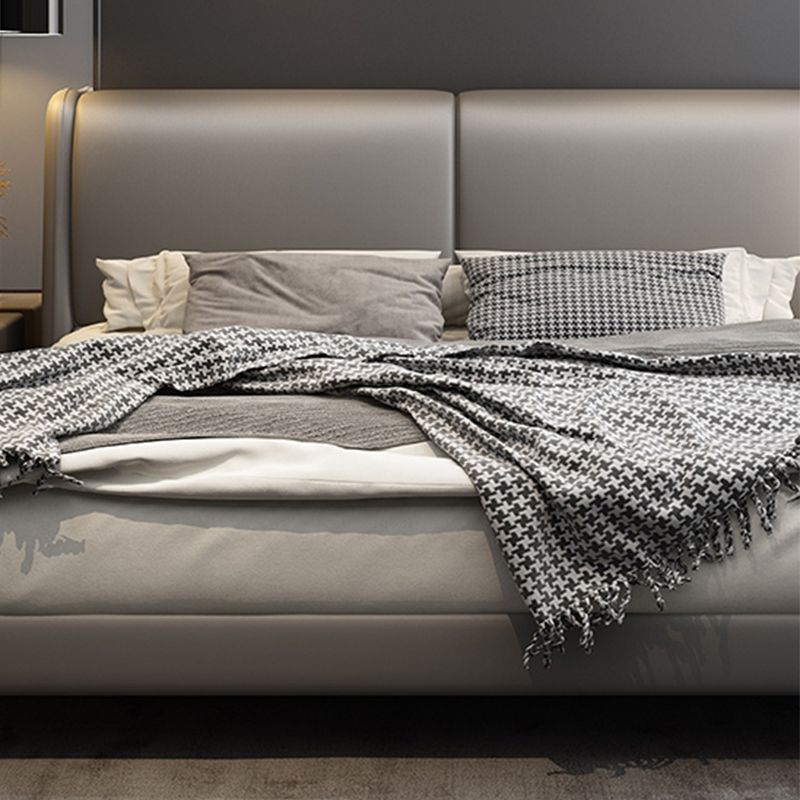 Contemporary Wooden Bed Frame Dark Grey Genuine Leather Standard Bed