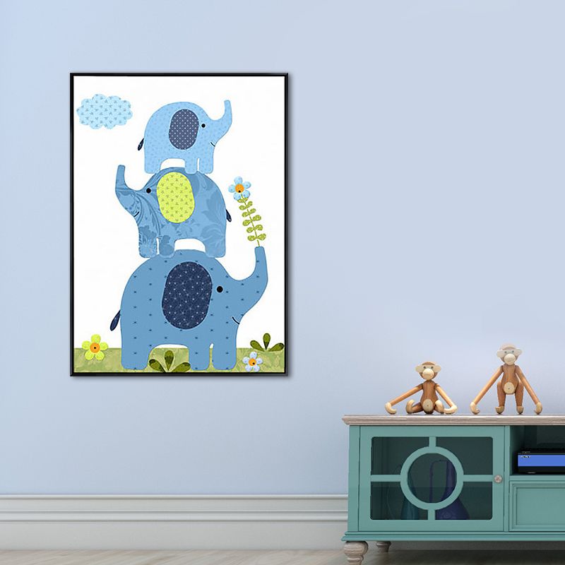 Elephant Canvas Wall Art Cartoon Cute Animal Pattern Wall Decor in Blue for Nursery