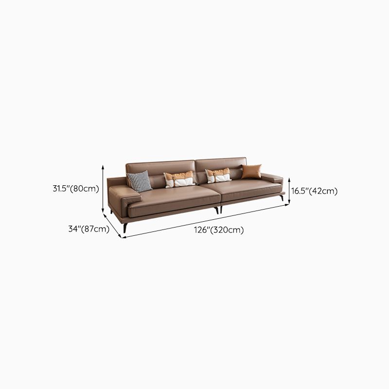 Modern Sewn Pillow Back Cushions Sofa Genuine Leather Square Arm Sofa in Brown