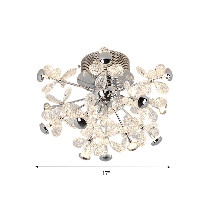 Flower Crystal Semi Flush Mount Modernist 13 Heads Silver Close to Ceiling Lamp for Living Room