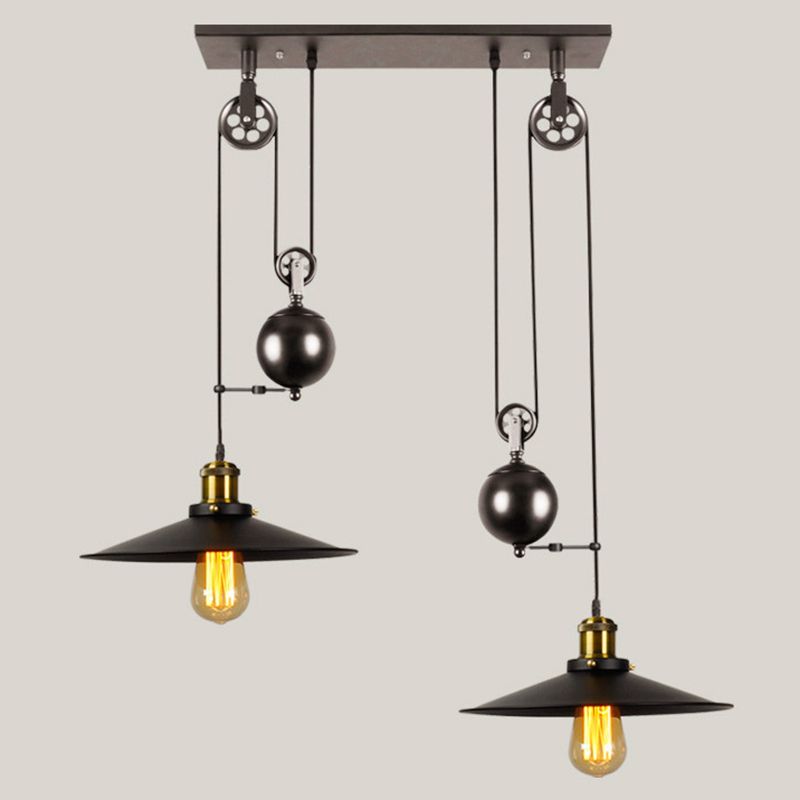 Liftable Industrial Retro Island Light with Black Metal Saucer Shade Cafe Shop Suspended Lighting Fixture