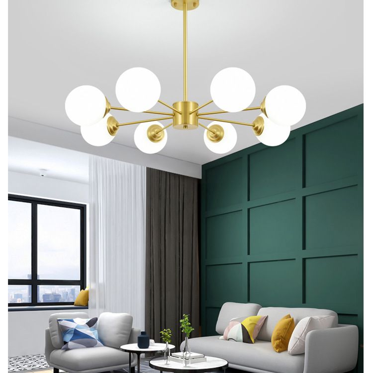 Post-Modern Metal Hanging Chandelier Light Opal Glass Shade  Ceiling Chandelier in Gold for Living Room
