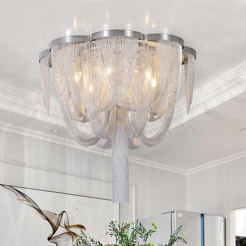 Fringe Chain Flush Mount Modernist Aluminum 4 Lights Chrome Ceiling Lamp for Parlor