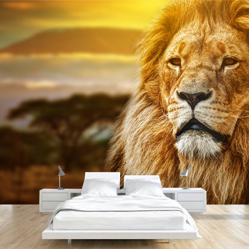Lion with Sunset View Mural Contemporary Non-Woven Material Wall Covering in Brown
