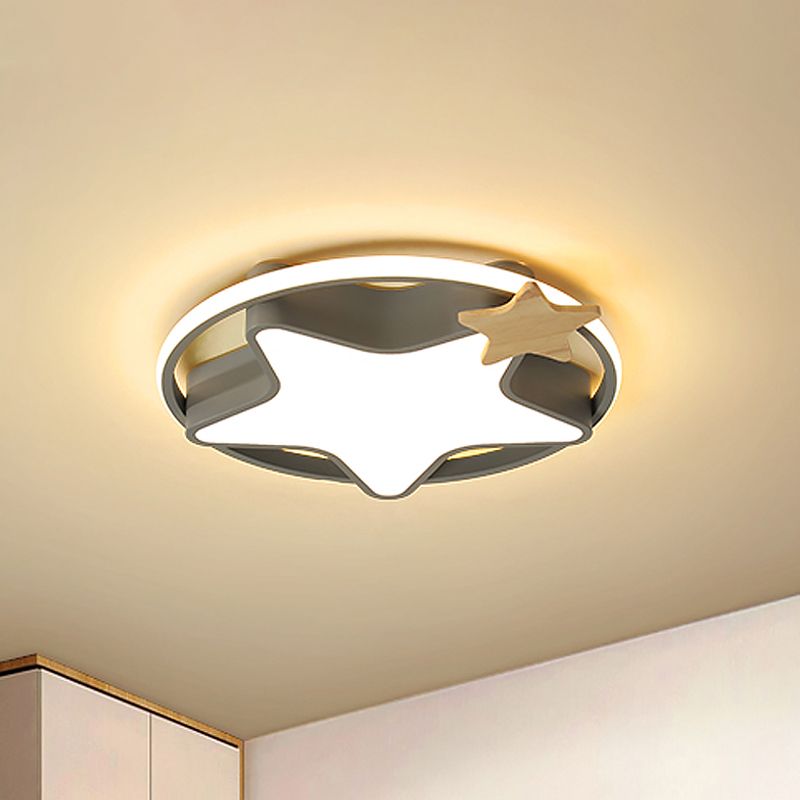 Pentagram LED Flushmount Lamp Kid Acrylic Black/Grey and Wood Flush Mount Ceiling Fixture for Bedroom