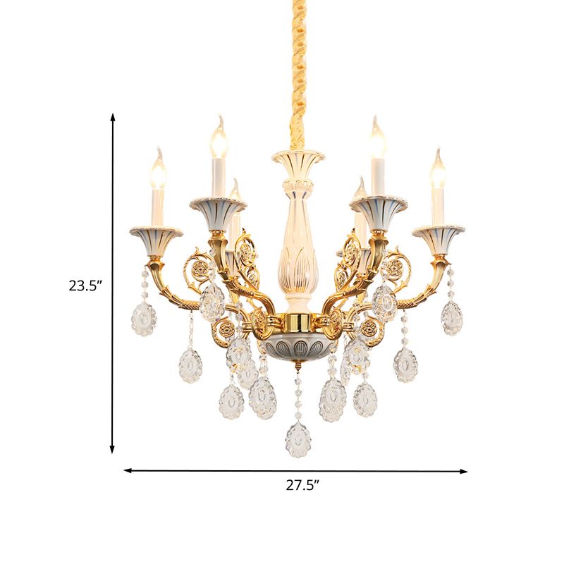 Gold Candle Chandelier Lamp Traditional Crystal 6 Heads Bedroom Ceiling Light with Ceramic Pillar and Carved Arm
